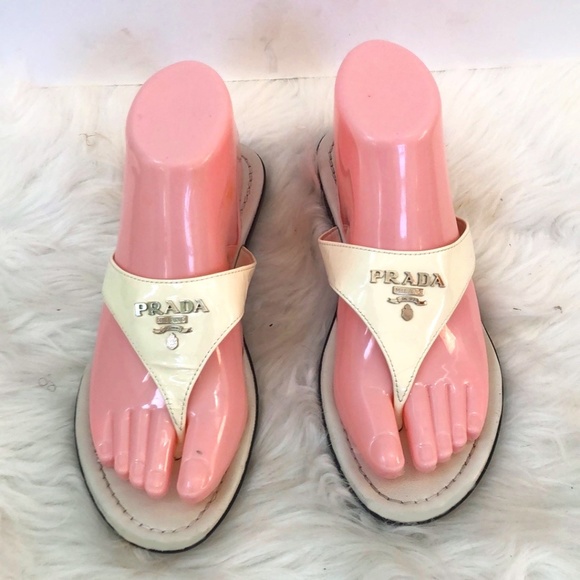 Prada Shoes - Prada Ivory Patent Leather Triangle Logo Thong Slides Size 7.5